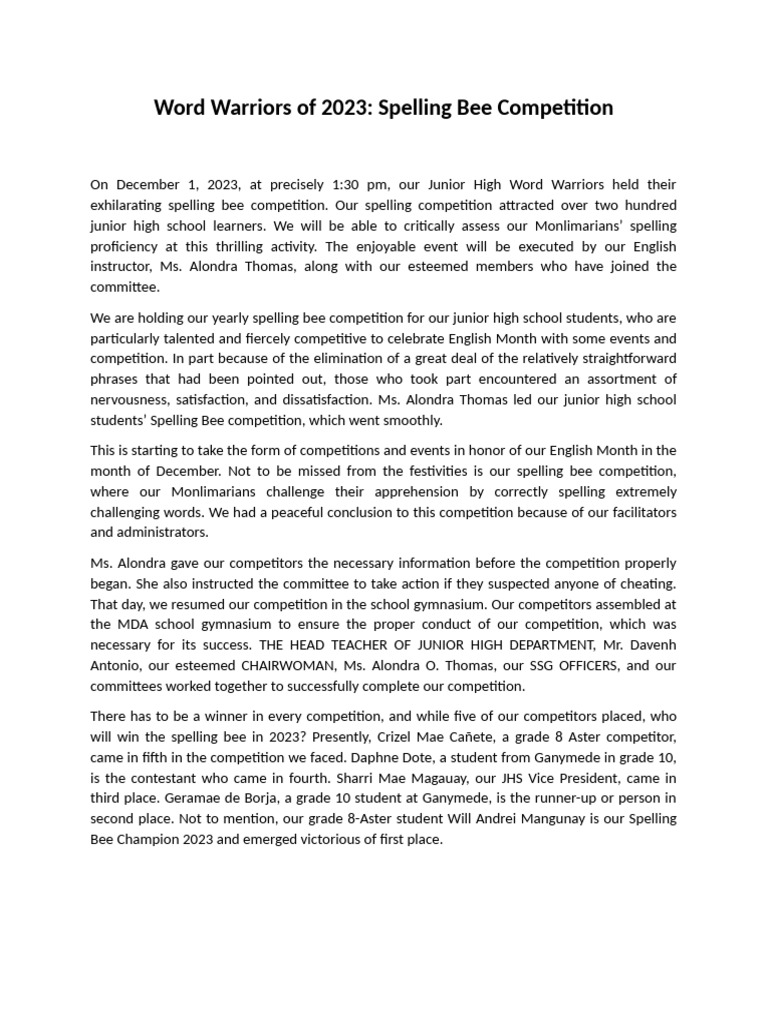 2023 Junior High Spelling Bee Results | PDF | Linguistics | Spelling