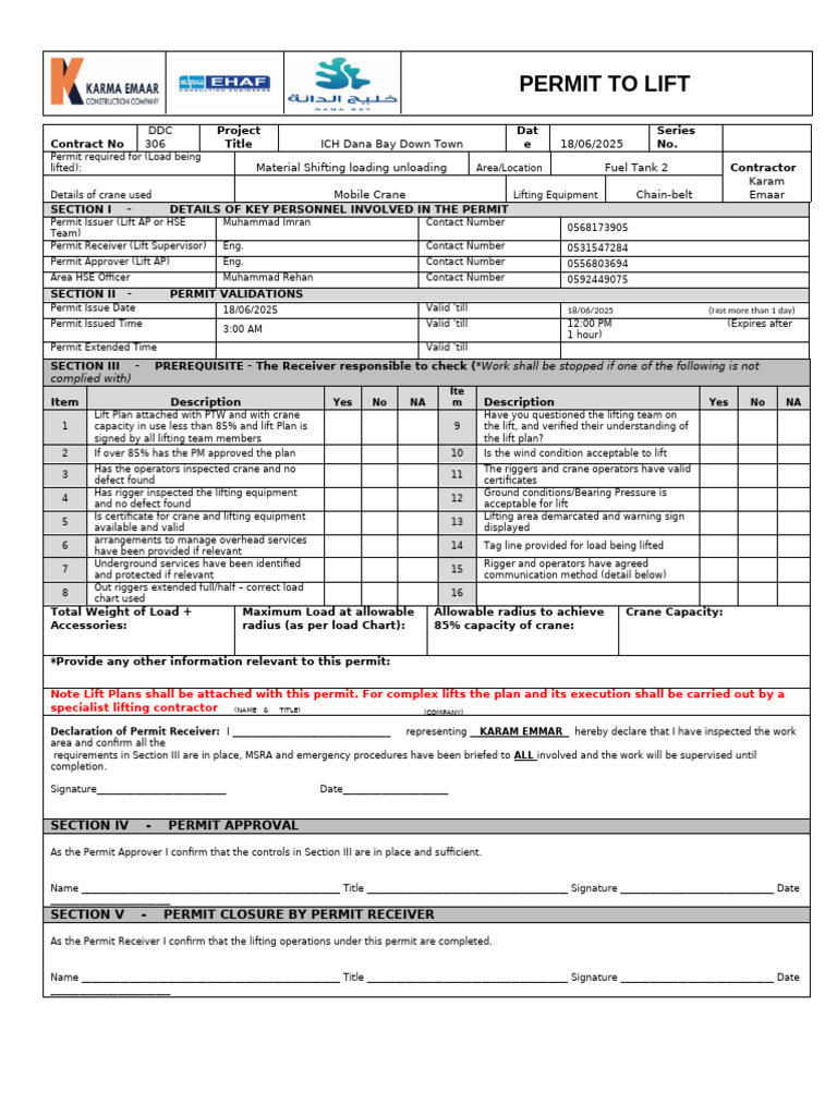 Lifting Permit for Crane Operations | PDF | Crane (Machine)