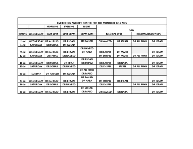 July 2025 Doctor Roster Schedule | PDF