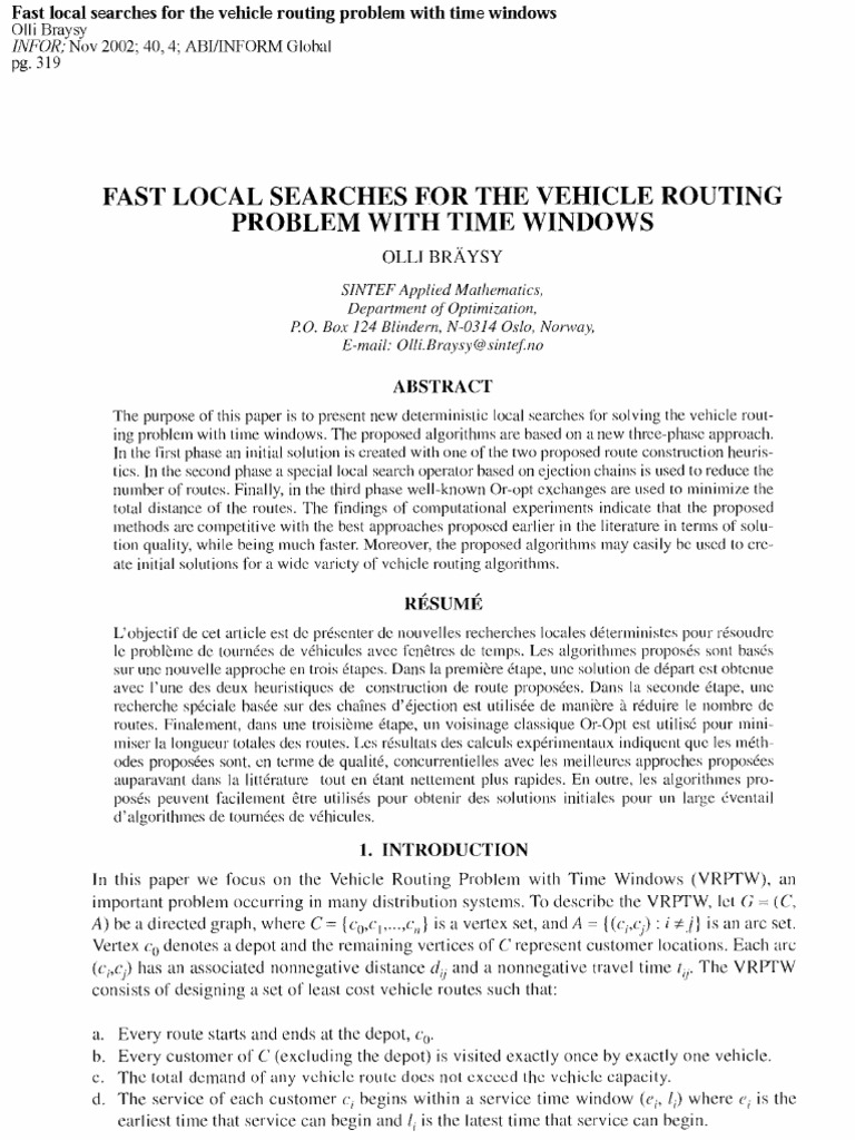 Fast Local Searches For The Vehicle Routing Problem With Time Windows ...