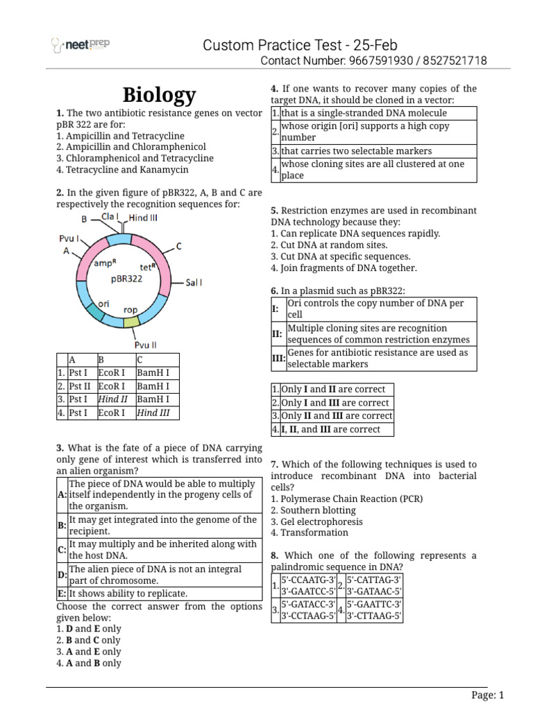 Biology Practice Test on DNA Techniques | PDF | Plasmid | Molecular Cloning
