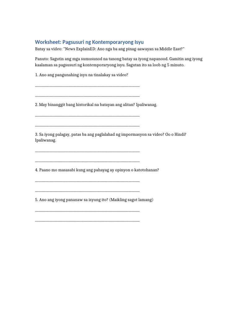 Middle East Issue Worksheet | PDF