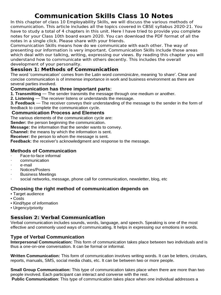 Class 10 Communication Skills Notes | PDF | Agriculture | Communication