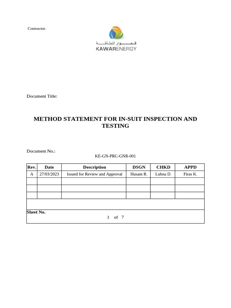 In-Suit Inspection and Testing Method Statement | PDF | Specification ...