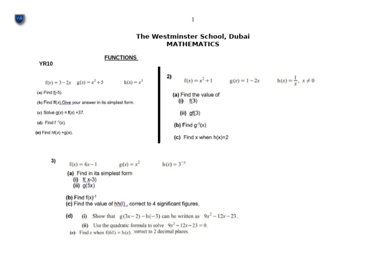 Yr 10 - Worksheet - Functions | PDF