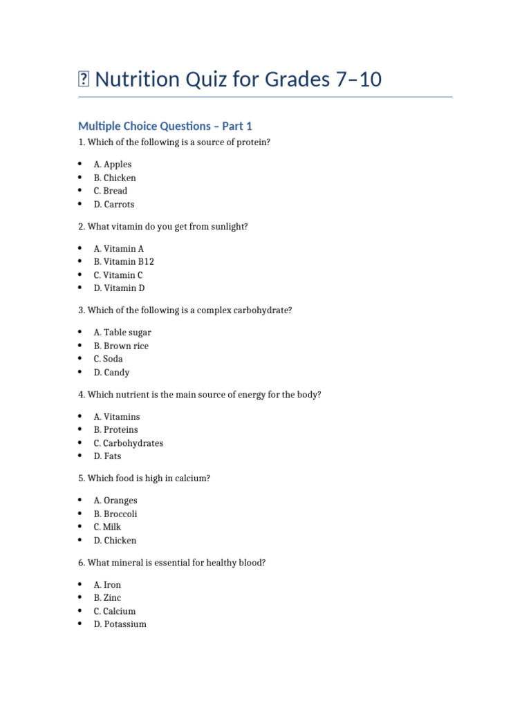 Nutrition Quiz All Levels | PDF | Foods | Vitamin