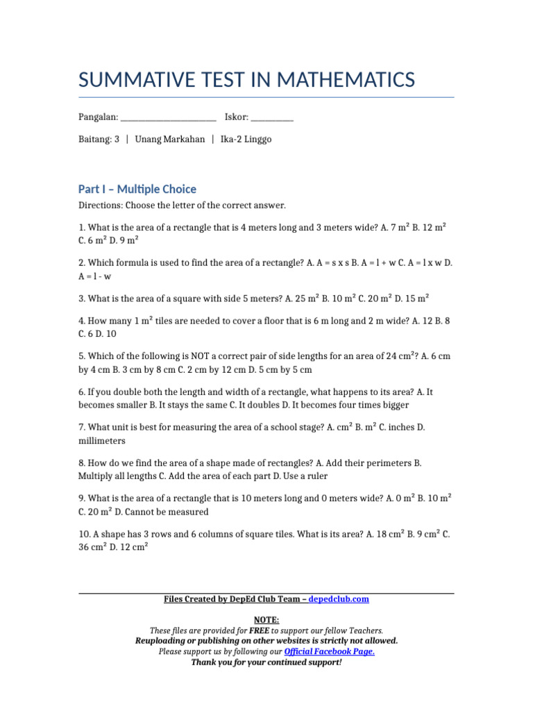 Summ - Test Mathematics 3 q1 w2 | PDF | Area | Rectangle