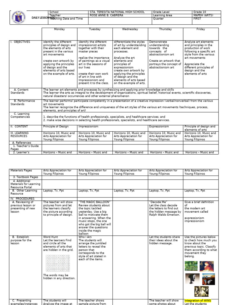 Grade 10 MAPEH Arts Lesson Plan | PDF | Impressionism | Learning