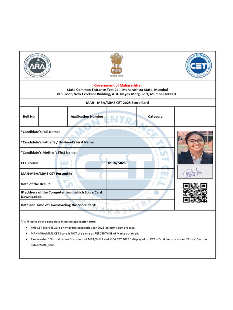 MAH MBA/MMS CET 2025 Score Card | PDF