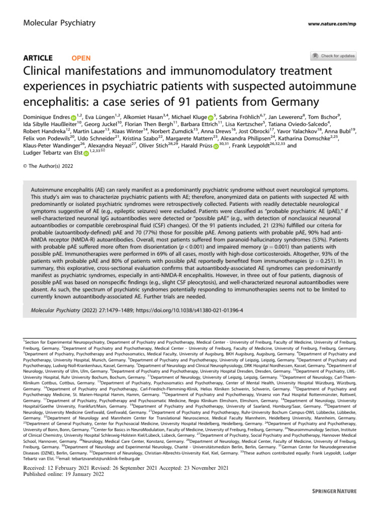 Autoimmune Encephalitis in Psychiatry: Case Series | PDF | Immunology ...