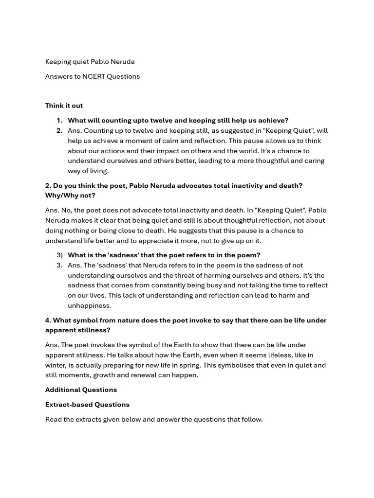 Class 12 Keeping Quiet Pablo Nehruda PDF Reason