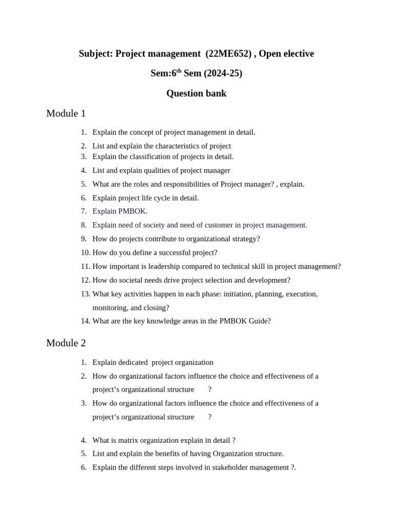 Question Bank On PM 22ME652 | PDF | Project Management | Business