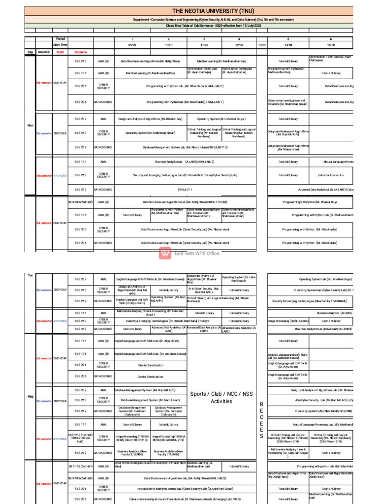 TNU Computer Science Odd Semester Timetable 2025 | PDF | Machine ...