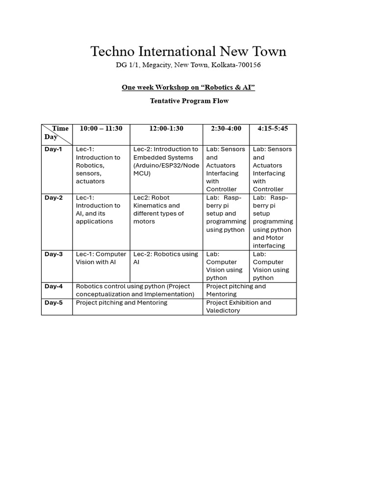 Robotics & AI Workshop Schedule | PDF