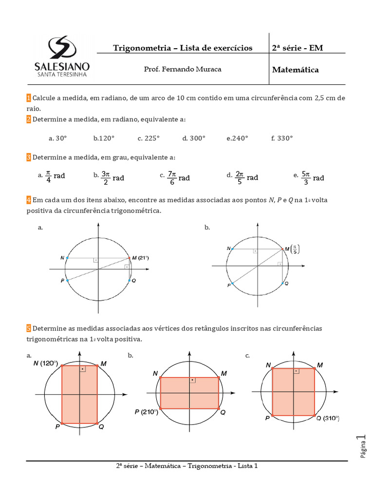 Lista de Exercícios de Trigonometria | PDF | Trigonometria | Analise ...
