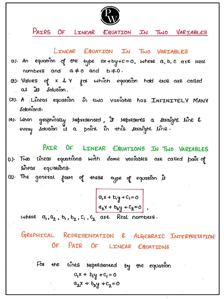 Pair of Linear Equation in Two Variables: Handwritten Notes - Udaan ...