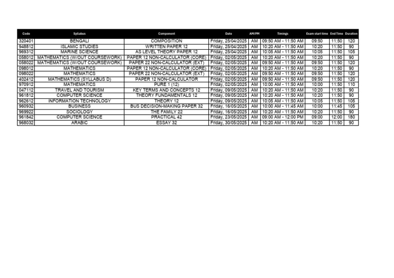 Friday Exam Schedule 2025 | PDF | Mathematics | Science