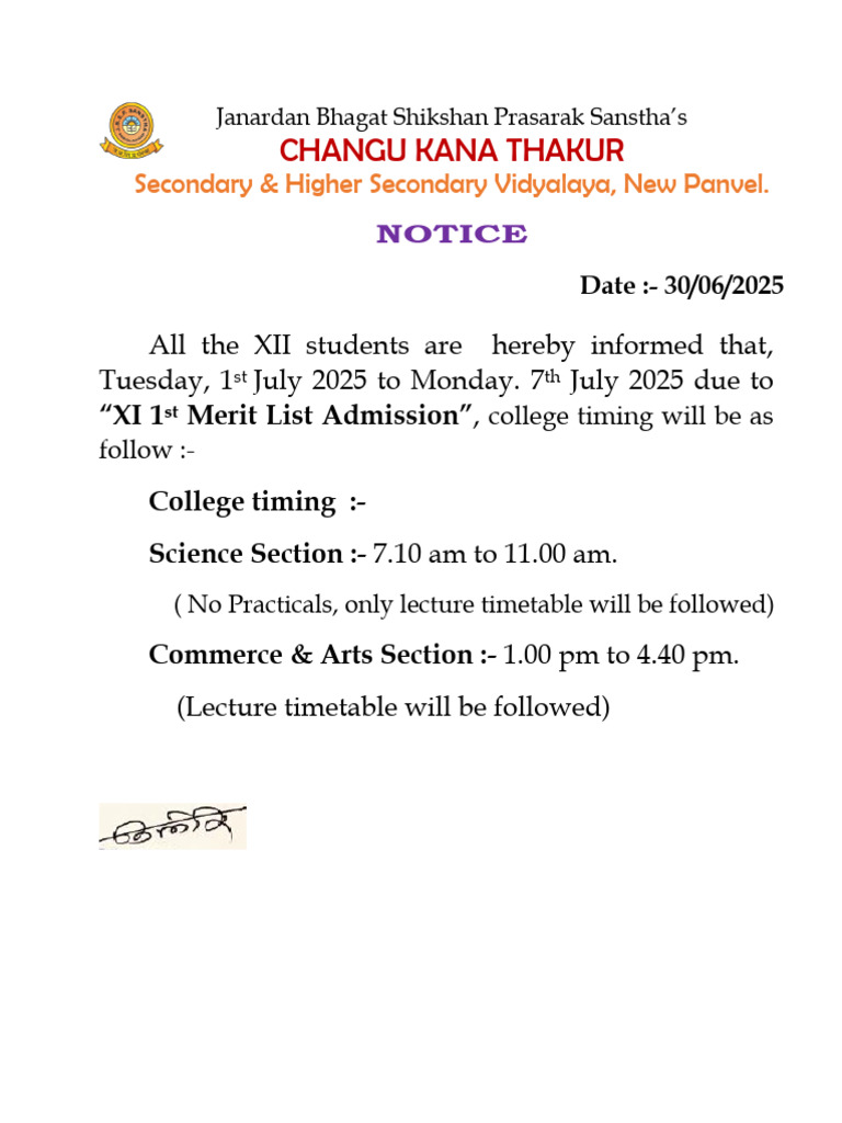 College Timing Notice for XII Students | PDF