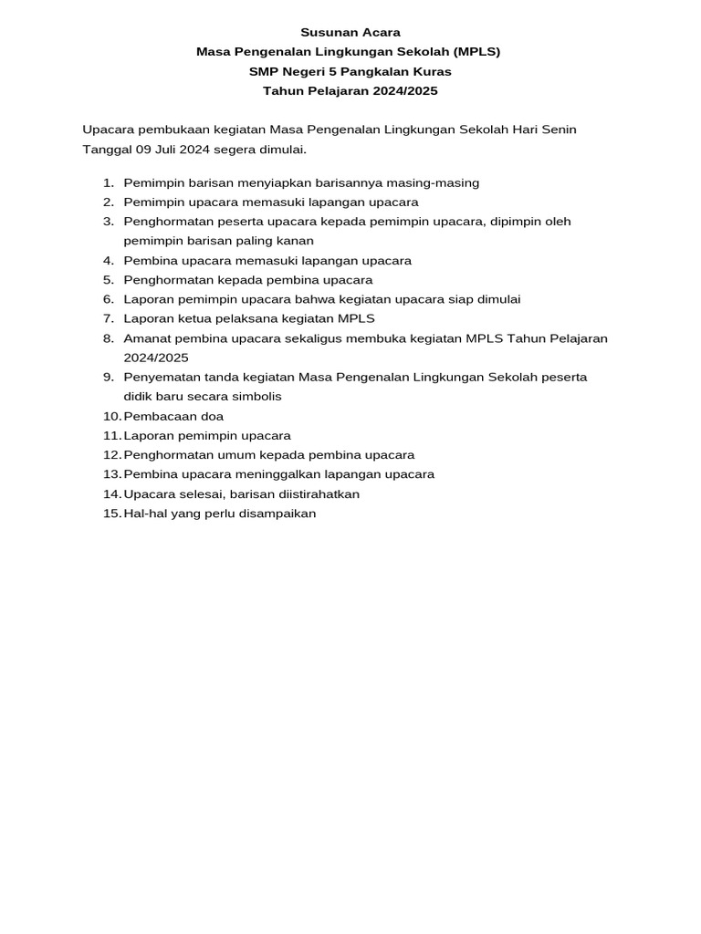 Susunan Acara MPLS SMP Negeri 5 2024 | PDF