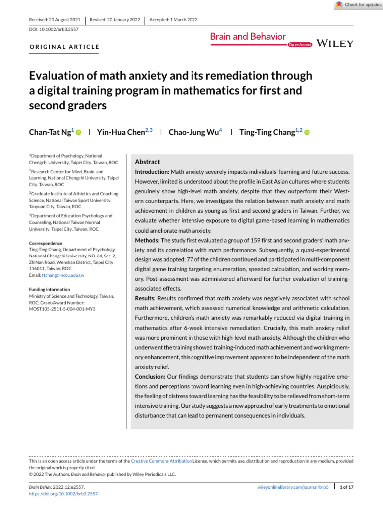Brain and Behavior - 2022 - NG - Evaluation of Math Anxiety and Its ...
