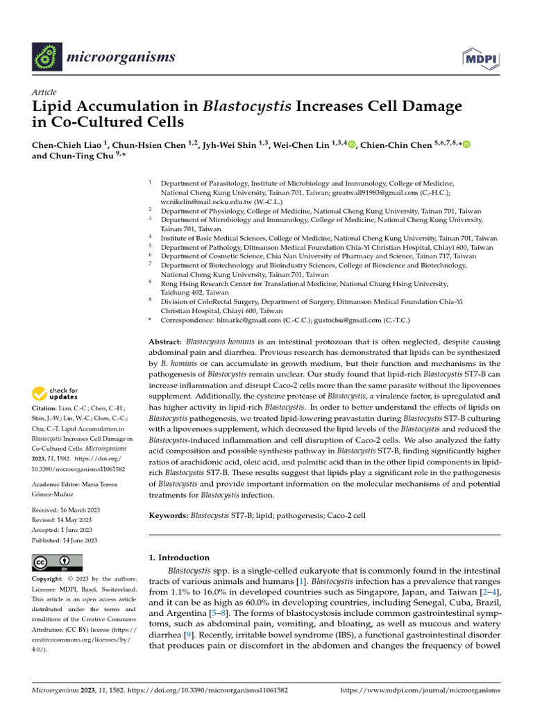 Lipid Impact on Blastocystis Cell Damage | PDF | Irritable Bowel ...