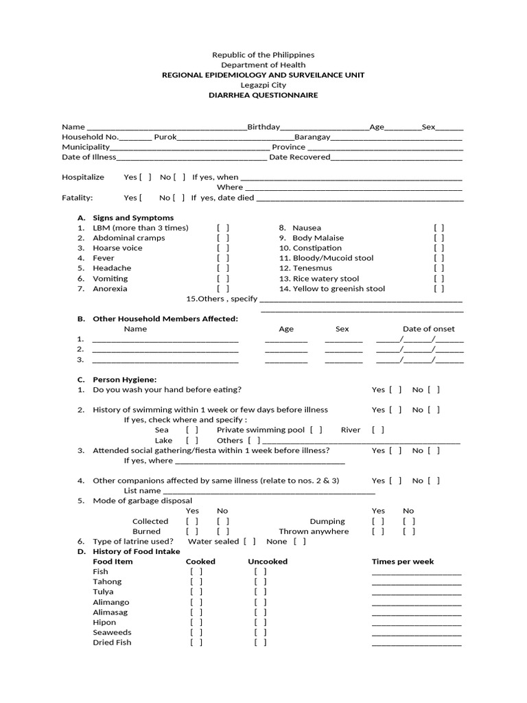 Diarrhea Questionnaire Form | PDF | Medical Specialties | Diseases And ...