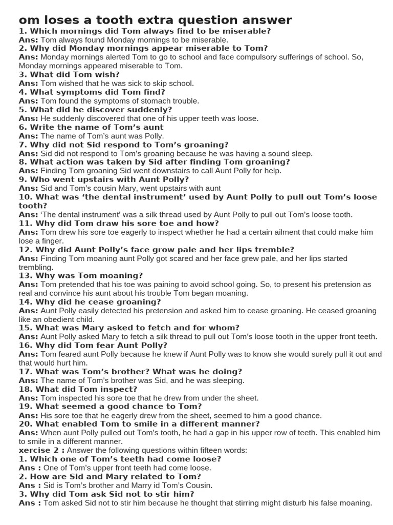 Tom Loses a Tooth: Q&A Guide | PDF