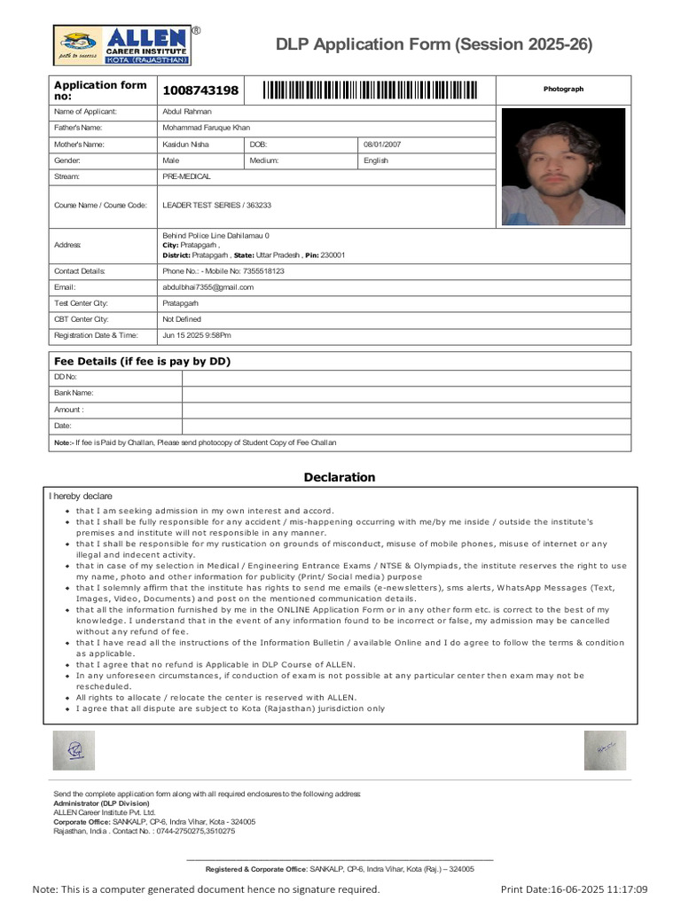 DLP Application Form for 2025-26 | PDF