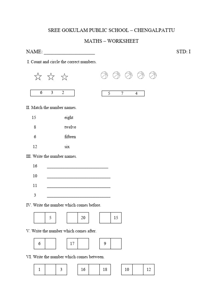 Maths Worksheet for Grade 1 Students | PDF