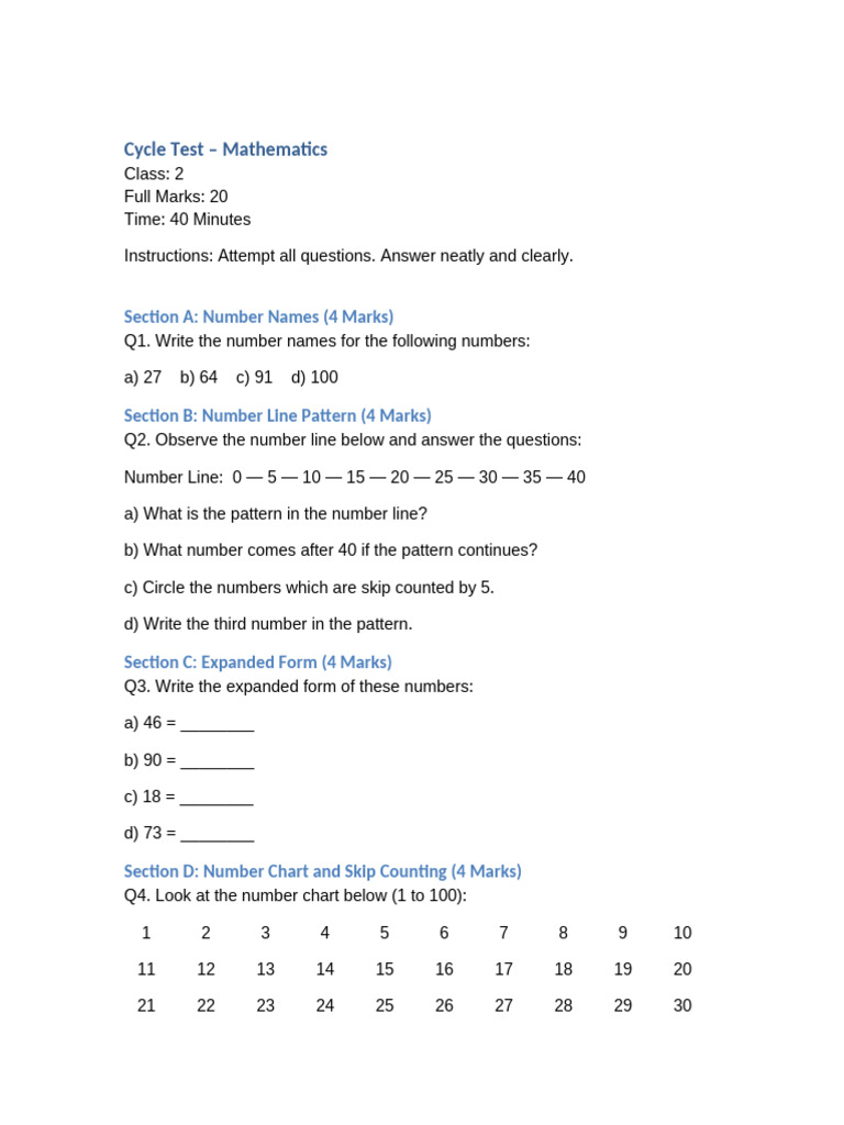 Class 2 Maths Cycle Test Paper | PDF