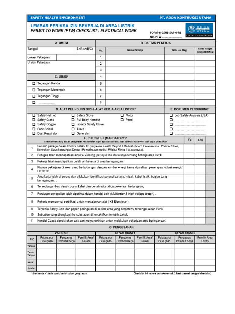 Checklist PTW Pekerjaan Listrik | PDF