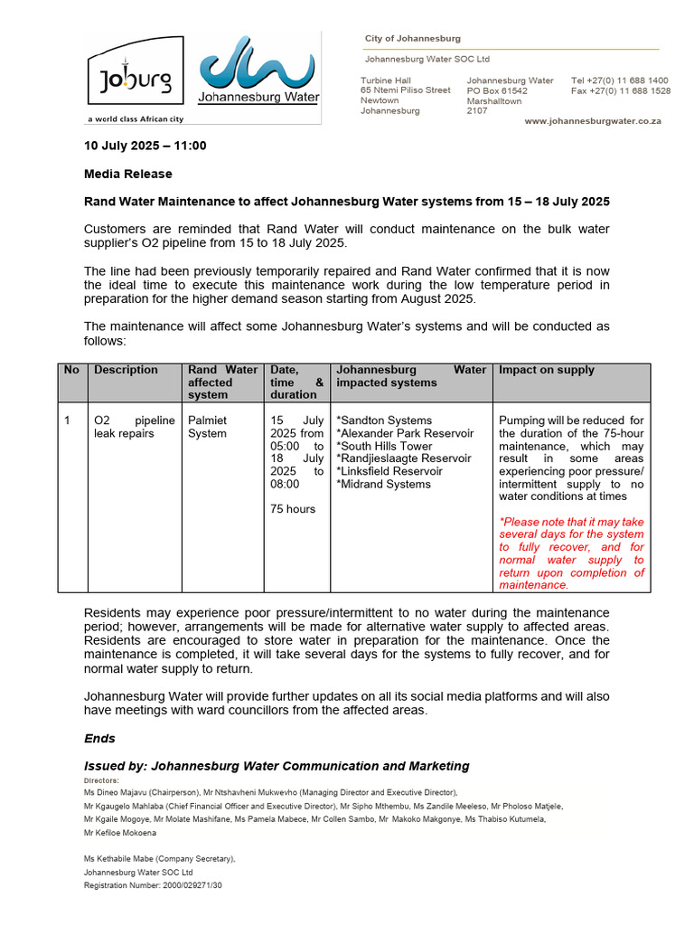 Rand Water O2 Pipeline Maintenance Notice | PDF | Water | Hydraulic ...