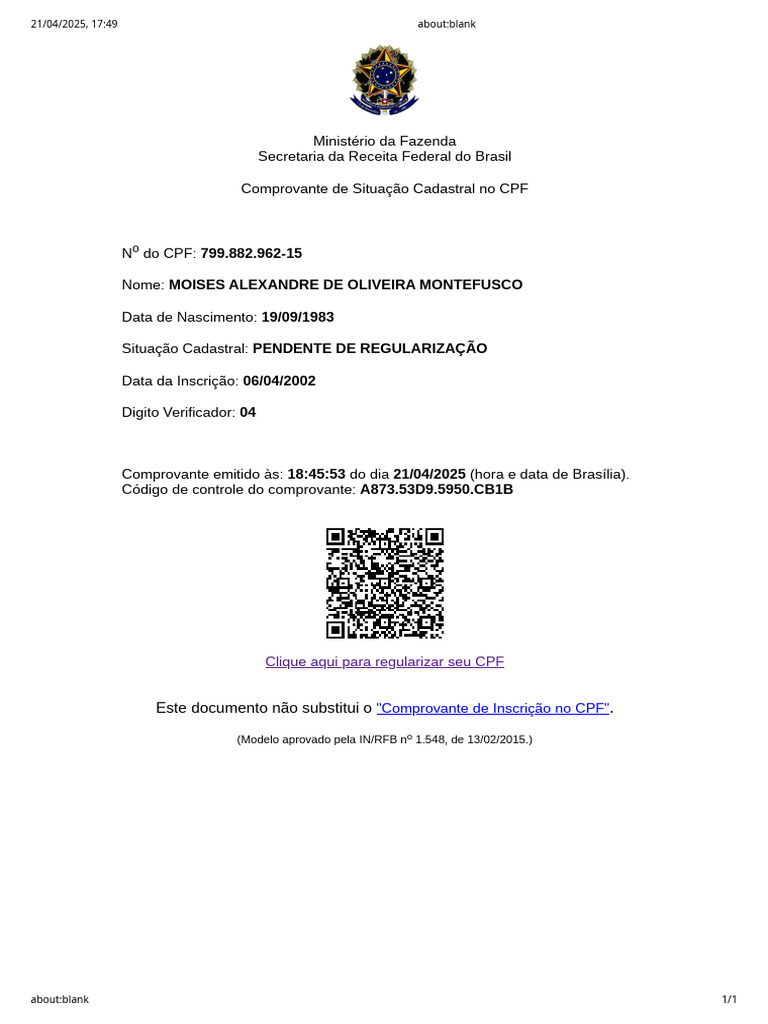 CPF Pendente de Regularização: Moisés Montefusco | PDF
