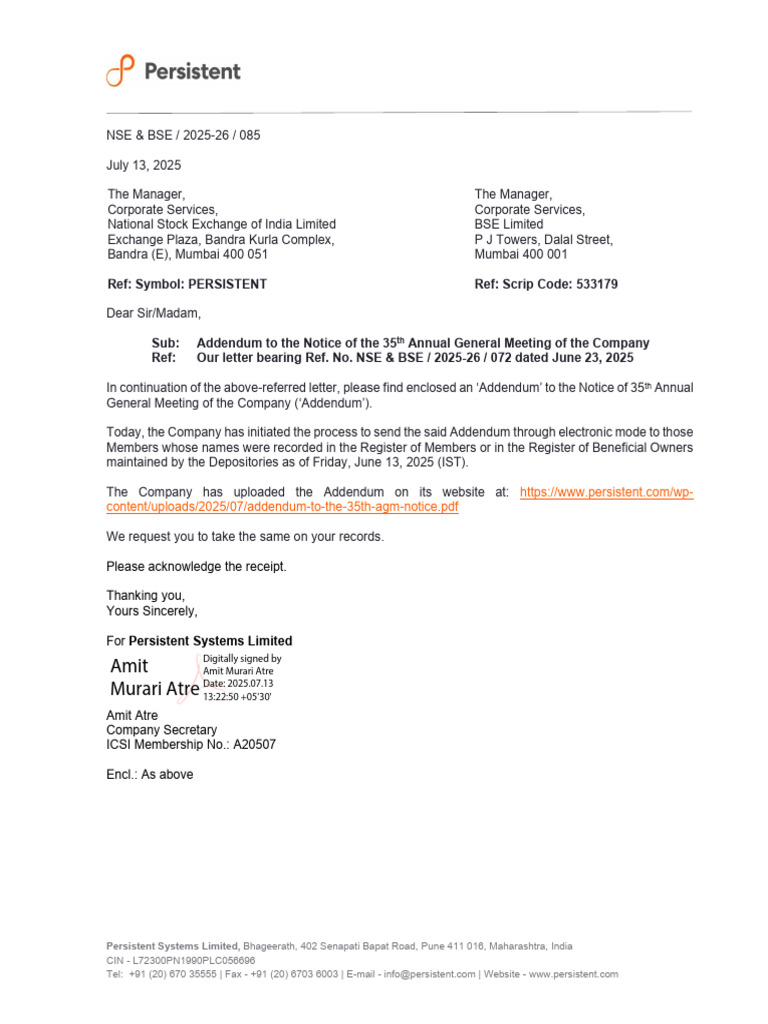 Amit Murari Atre: Ref: Symbol: PERSISTENT Ref: Scrip Code: 533179 | PDF ...