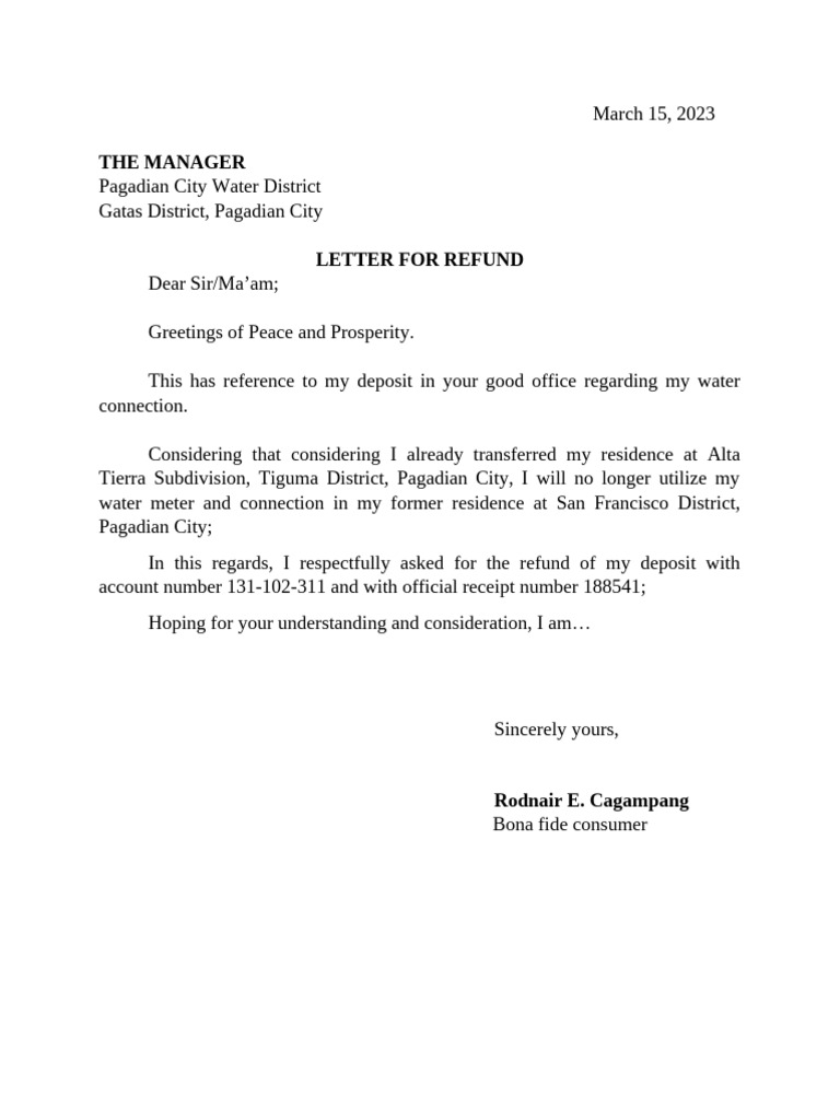 Refund Request for Water Deposit | PDF