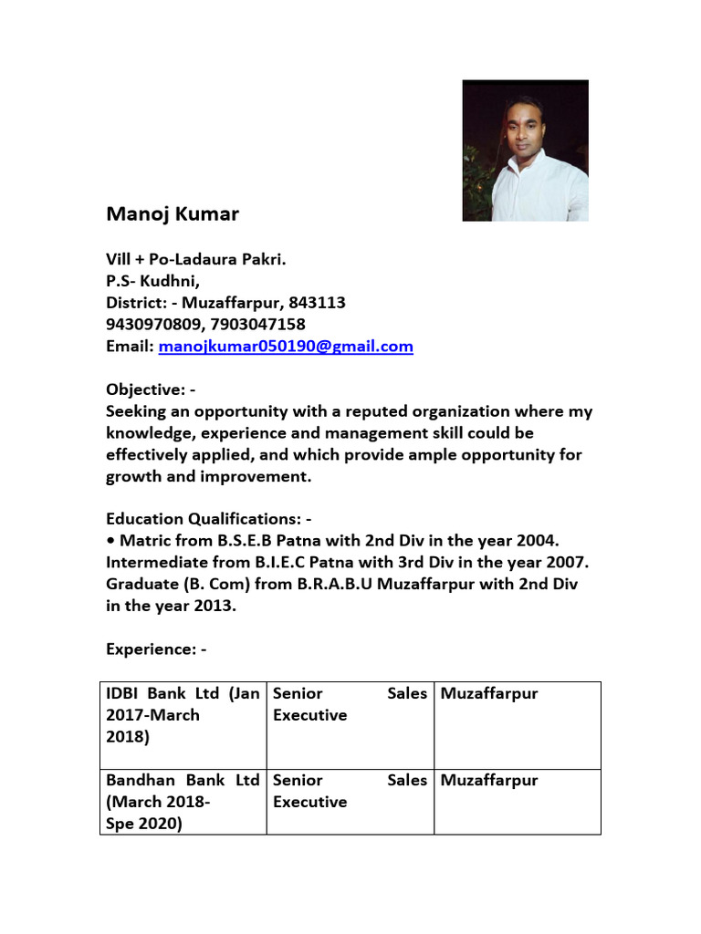 Manoj Kumar BM Sitamarhi 5.4 LPA | PDF | Financial Services | Personal ...