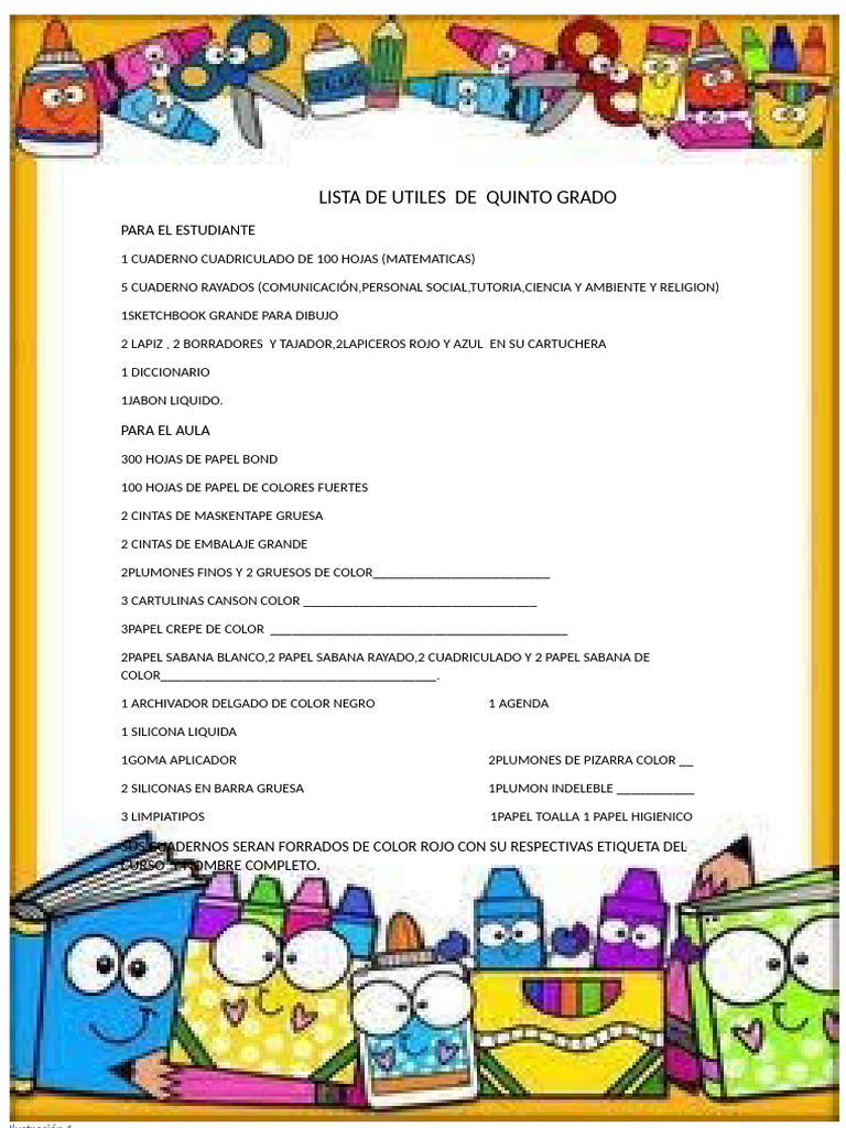Lista de Útiles para Quinto Grado | PDF
