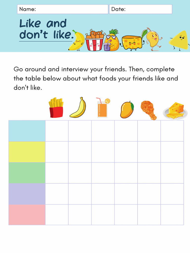 Likes and Dislikes Worksheet in Blue and Lilac Illustrative Style - 2 | PDF