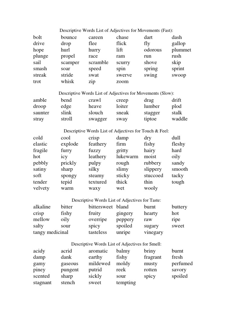 List Of Descriptive Words Printable