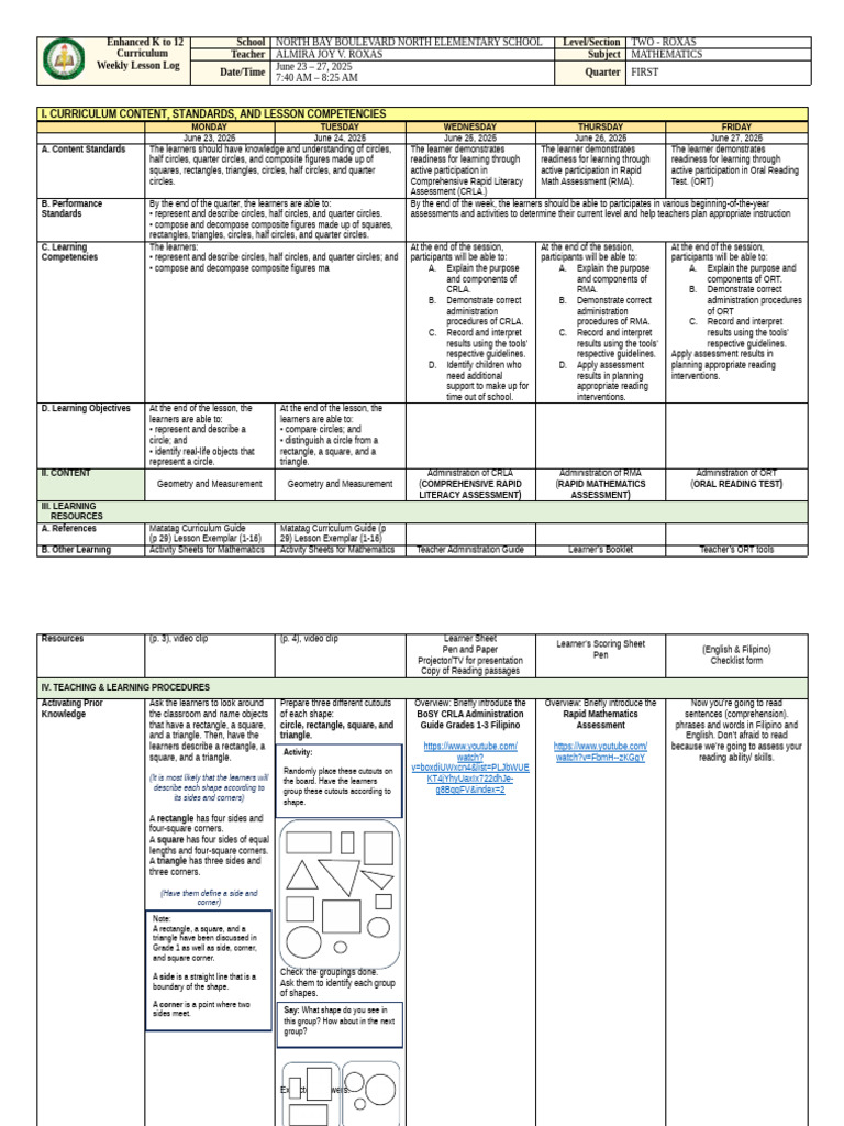 K-12 Weekly Math Lesson Plan | PDF | Shape | Reading Comprehension