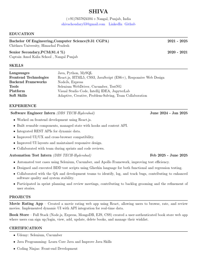 Software Engineer Intern Profile | PDF | Selenium (Software) | Software