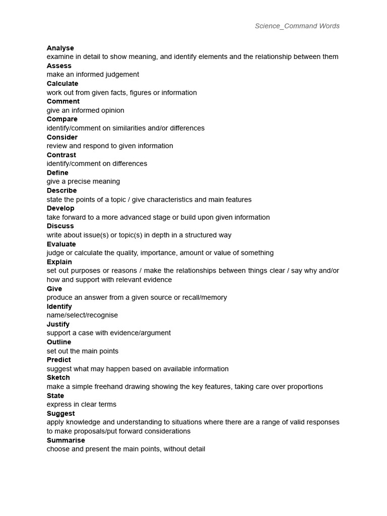 Science Command Words Explained | PDF