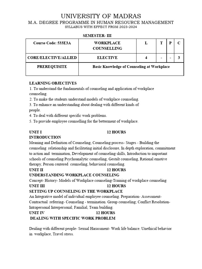 Workplace Counseling Syllabus 2023-2024 | PDF | Psychotherapy | Psychology