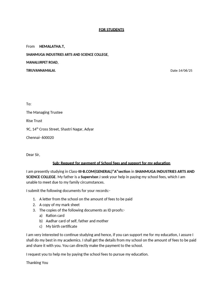 Request for Educational Fee Assistance | PDF