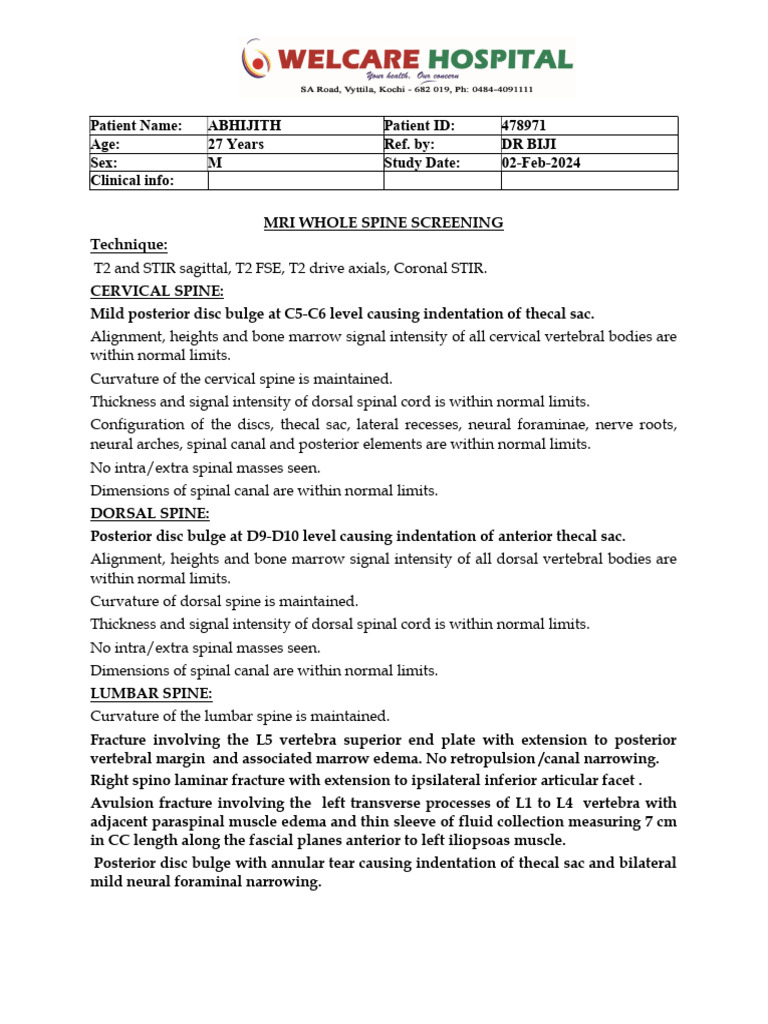 Abhijith MRI WSS Report | PDF | Vertebral Column | Vertebra