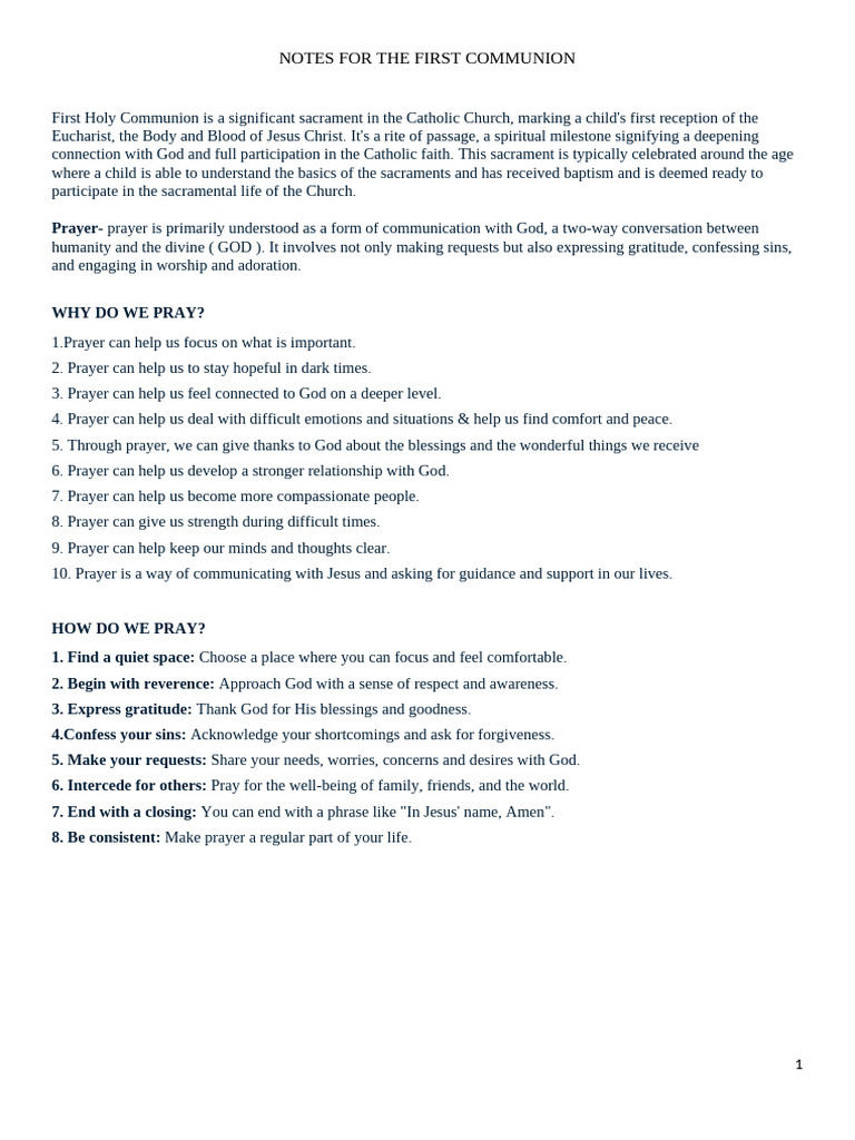 Notes For The First Communion | PDF | Confession (Religion) | Sacraments
