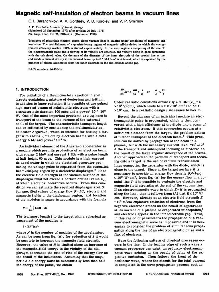 Baranchikov. Magnetic Self-Insulation of Electron Beams in Vacuum Lines ...