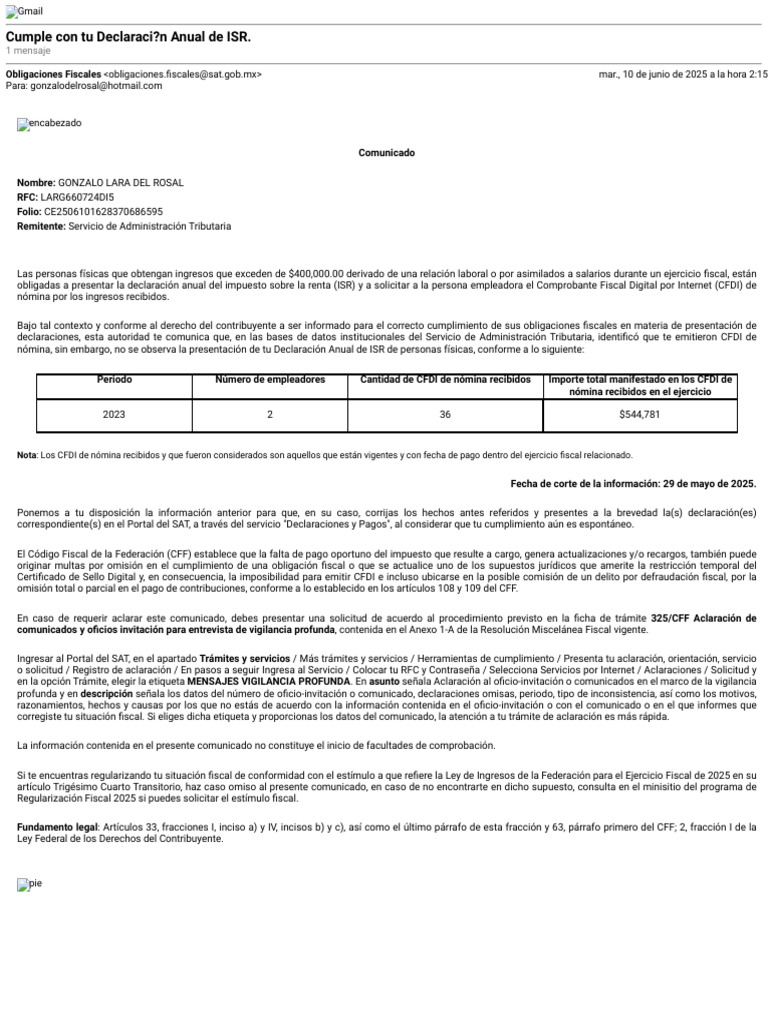 Aviso de Declaración Anual ISR 2023 | PDF | Impuesto sobre la renta