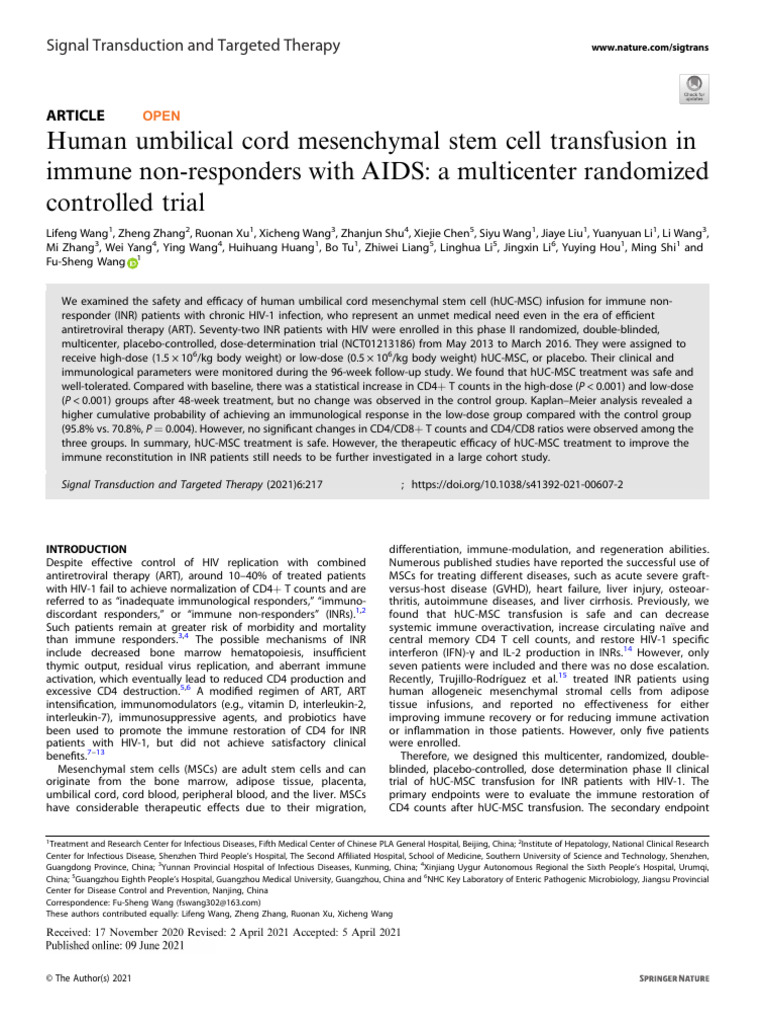 Human Umbilical Cord Mesenchymal Stem Cell Transfusion in AIDS | PDF ...