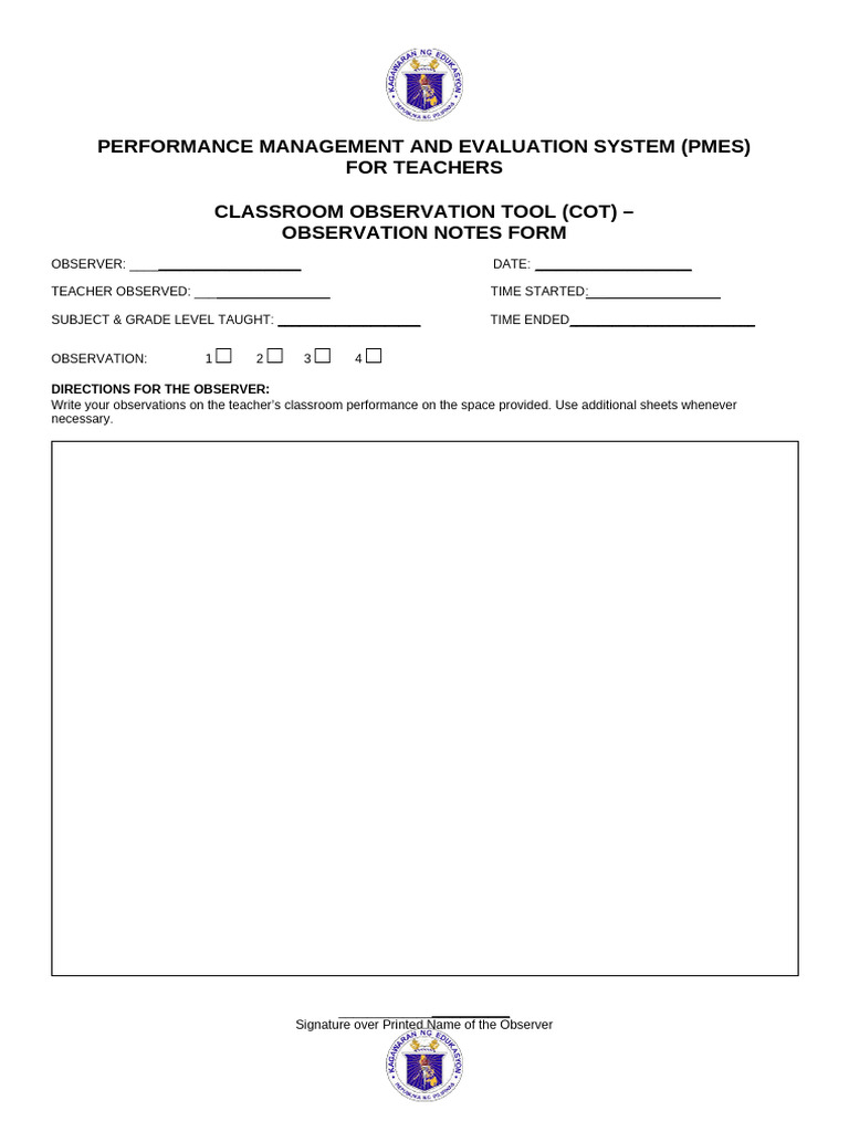 Annex C 7 COT Observation Notes Form 1 | PDF | Teachers | Learning